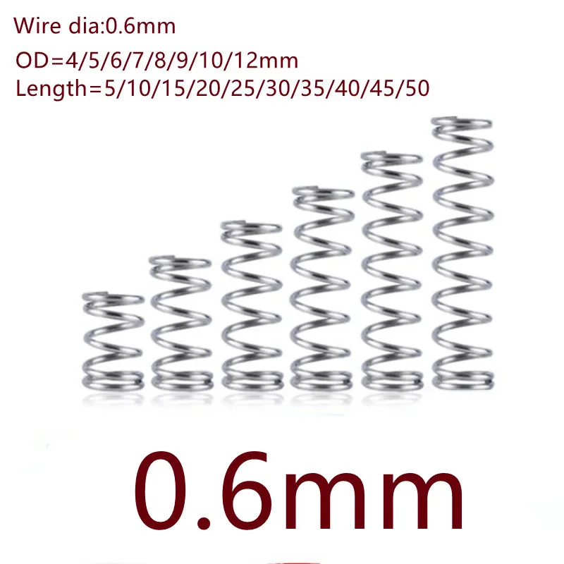 10-20pcs/lot 0.6mm 0.6x4/5/6/7/8/9/10/11/12*L Stainless steel compression spring outer diameter 4-12mm length 10-50mm | Обустройство