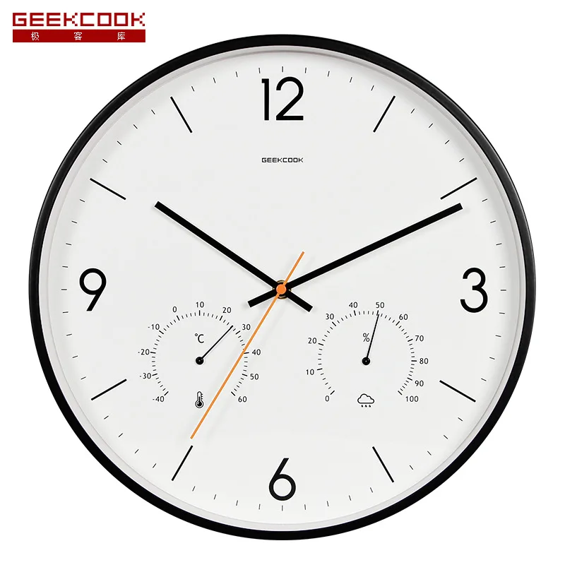 Simple Metal Frame Wall Clock with Temperature and Hygrometer Display Home Decor Hanging Watch Silent 14 inch