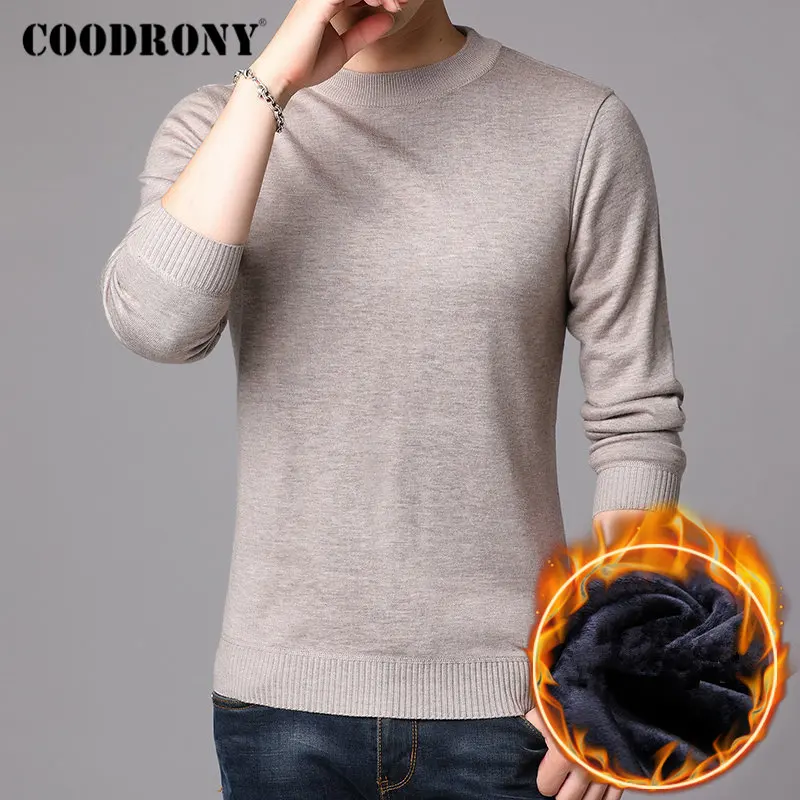 Мужской свитер с круглым вырезом COODRONY черный пуловер толстой теплой подкладкой
