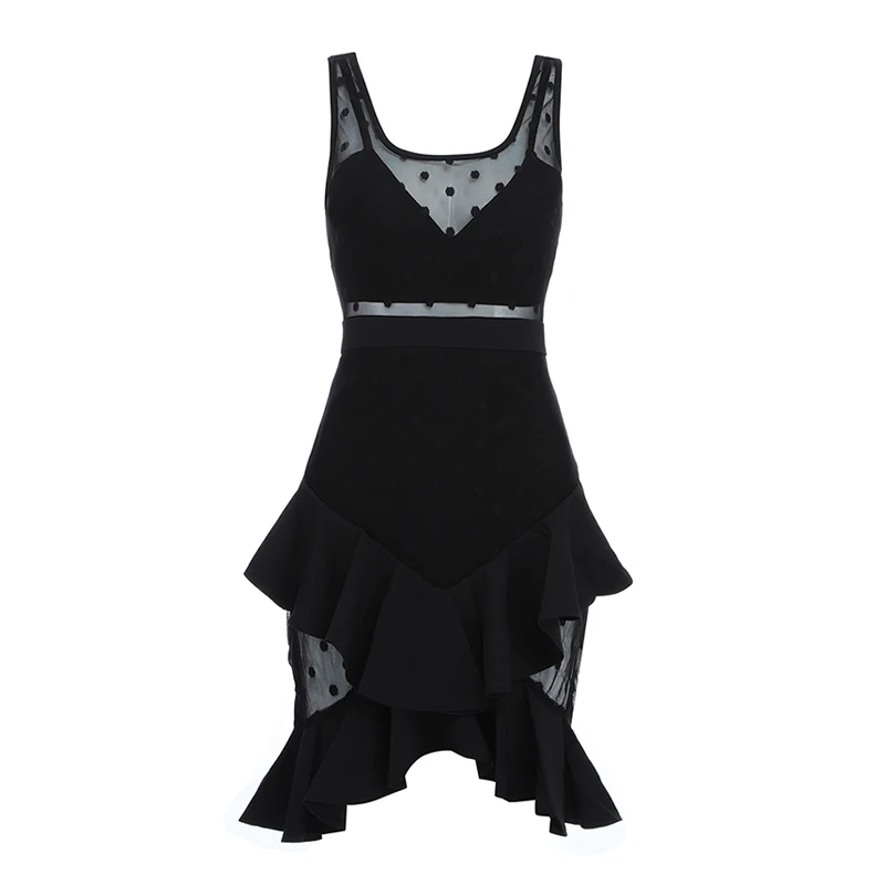 INDRESSME, новинка, модное сексуальное женское платье на бретельках, с рюшами, без рукавов, с круглым вырезом, с открытой спиной, Сетчатое, кружевное, Мини, Бандажное платье, вечерние, Клубное, сексуальное платье