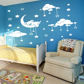 

Large Cartoon Sleepy Bear Starry Sky Star Moon Wall Sticker Baby Nursery Kids Room Bear Animal Star Moon Wall Decal Bedroom