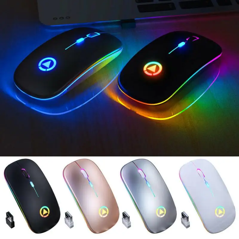 Ratón Óptico inalámbrico de 2,4 GHz recargable por USB, Mouse inalámbrico RGB silencioso para ordenador, portátil, hogar y oficina