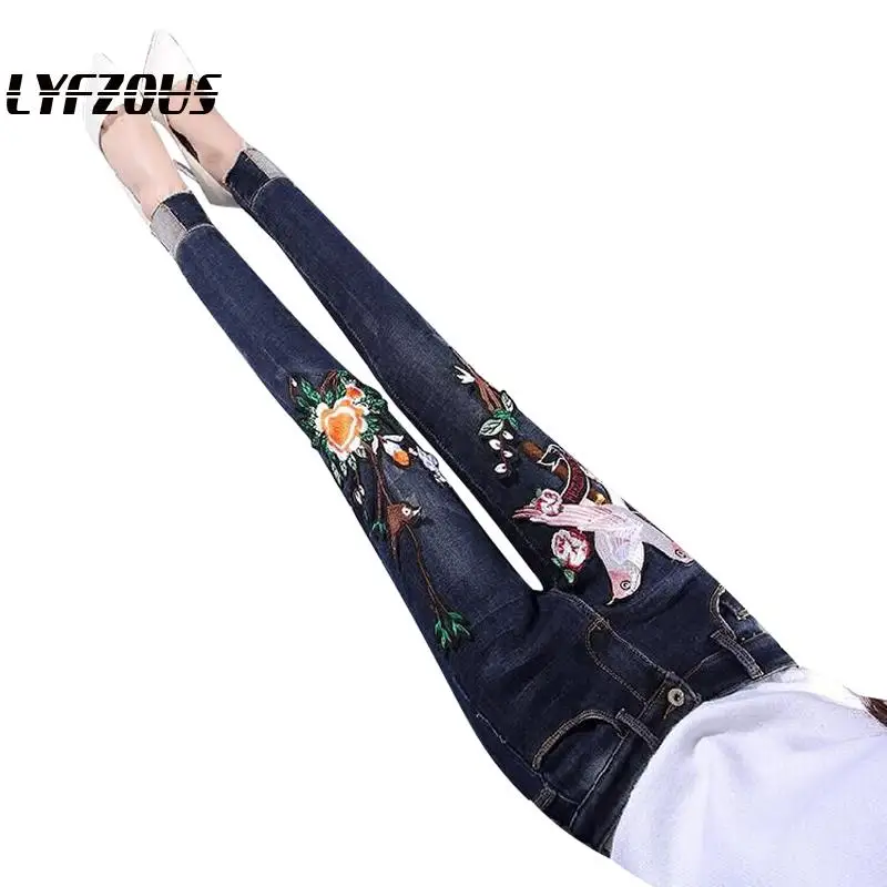 Женские обтягивающие джинсы с вышивкой Забавных Птиц узкие джинсовые брюки