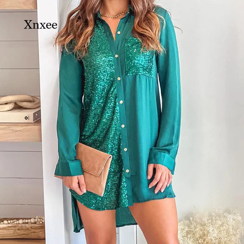 

Рубашки с блестками в стиле пэчворк, прямые блузки с лацканами, весенне-летнее платье-футболка на пуговицах, женская модная однобортная одежда