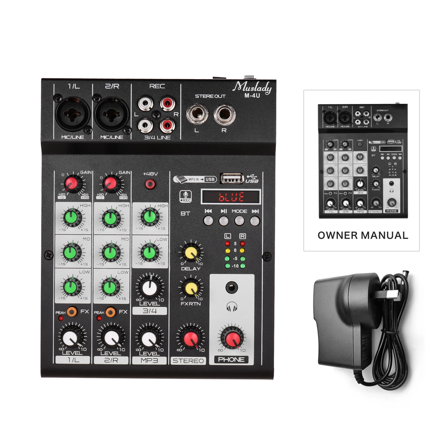 Muslady M-4U 4-х канальный BT микшерный пульт Цифровой аудио смеситель встроенный