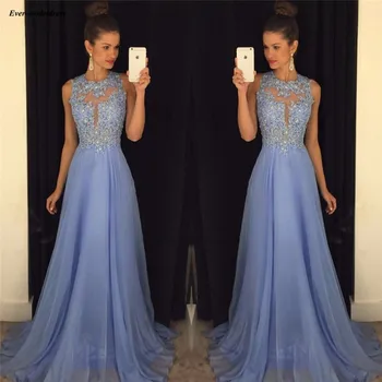 

Charming O-Neck Chiffon 2019 Prom Dresses Long Appliques Sequins Illusion Formal Evening Party Gowns Cheap Vestidos De Gala