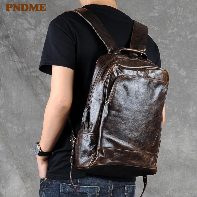 

PNDME fashion vintage high quality genuine leather men's backpack casual simple designers bookbag teens travel laptop bagpacks