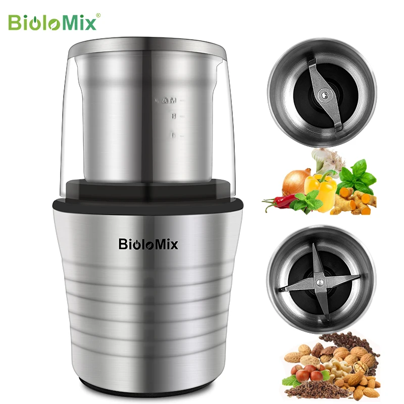 Multipurpose Electric Coffee Bean Grinder with 2 Removable Dry and Wet Cups Stainless Steel Miller for Seeds Spices Herbs Nuts