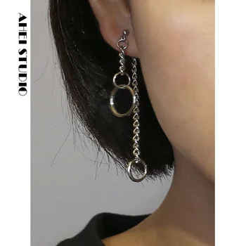 

Street style geometric circle earring chain ring Long Earring Pendant asymmetric back hanging two simple female earrings earring