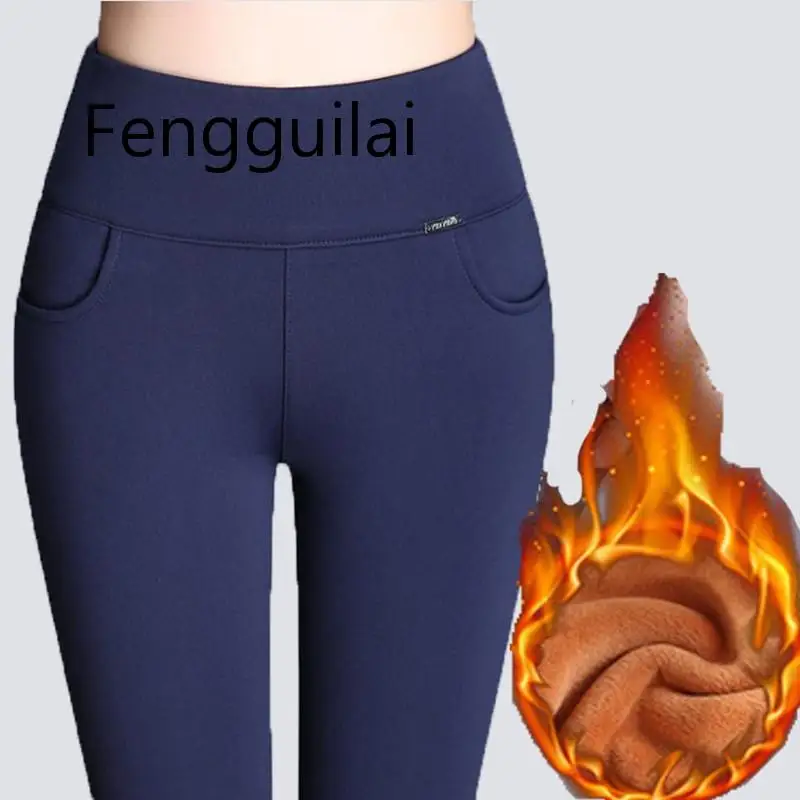 

FENGGUILAI Winter Leggings Women Plus Size High Waist Stretch Thick Legging Solid Skinny Warm Velvet Pencil Pants Lady Trousers