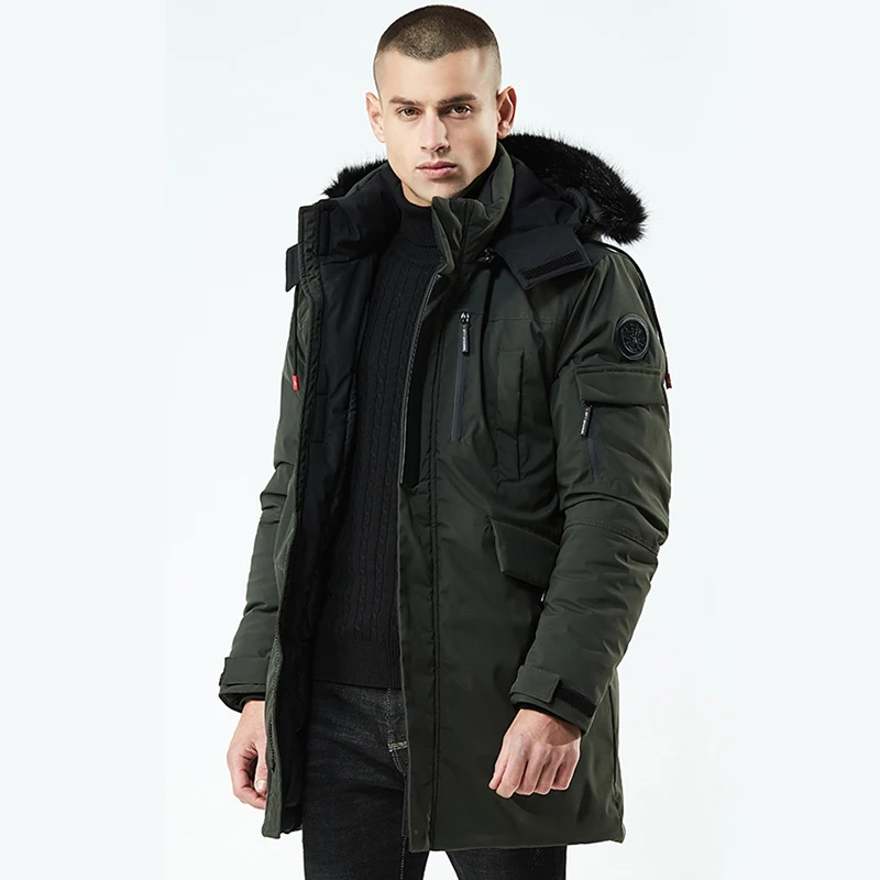 

URSPORTTECH Winter Jacket Men Parka Fur Collar Hooded Jacket Fashion Thick Warm Medium Long Coat Jacket male parka coat Green