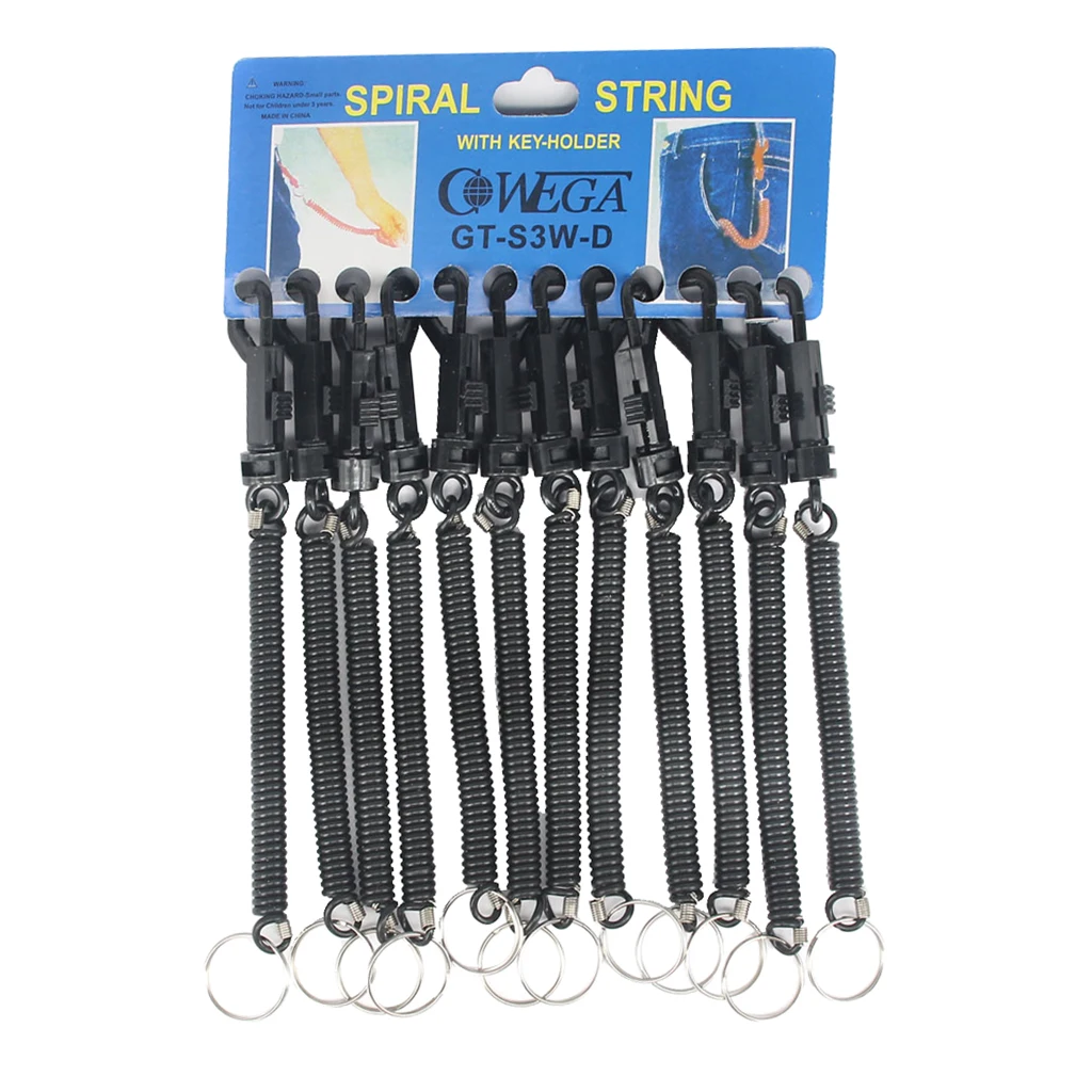 12 Black Keyring Spiral Plastic Key Chain Stretchable String Key Clip Holder