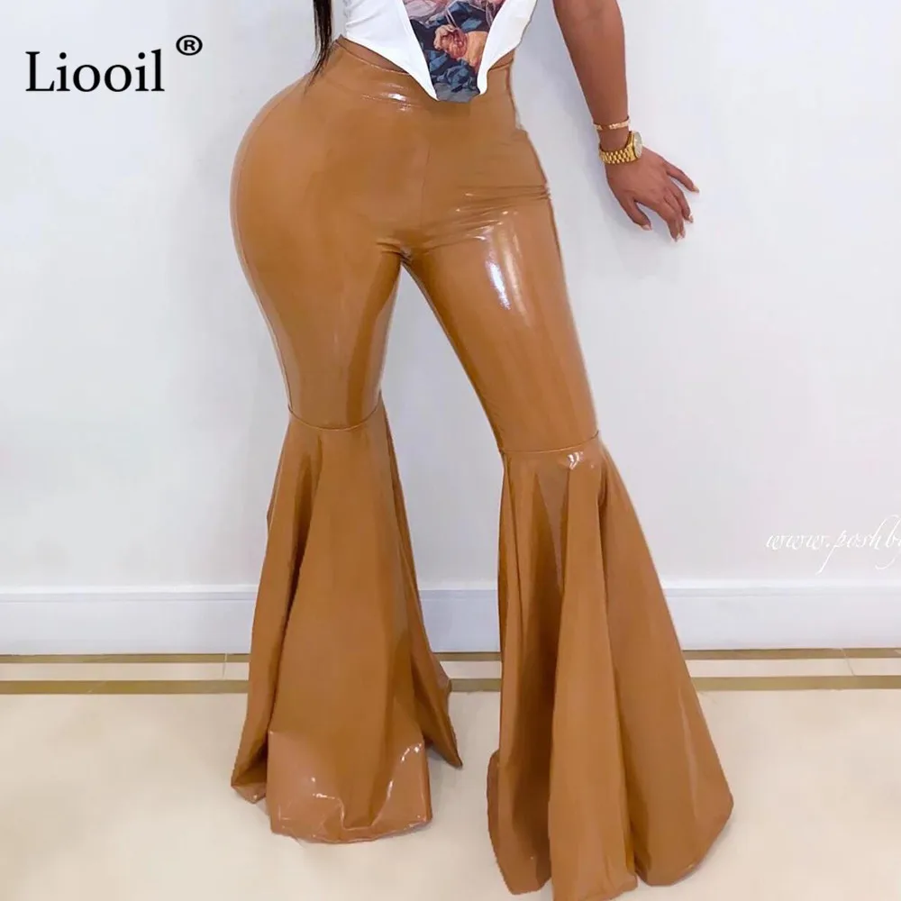 Liooil Брюки-клеш из искусственной кожи с высокой талией уличные сексуальные Клубные плотные брюки женские облегающие длинные брюки цвета хаки