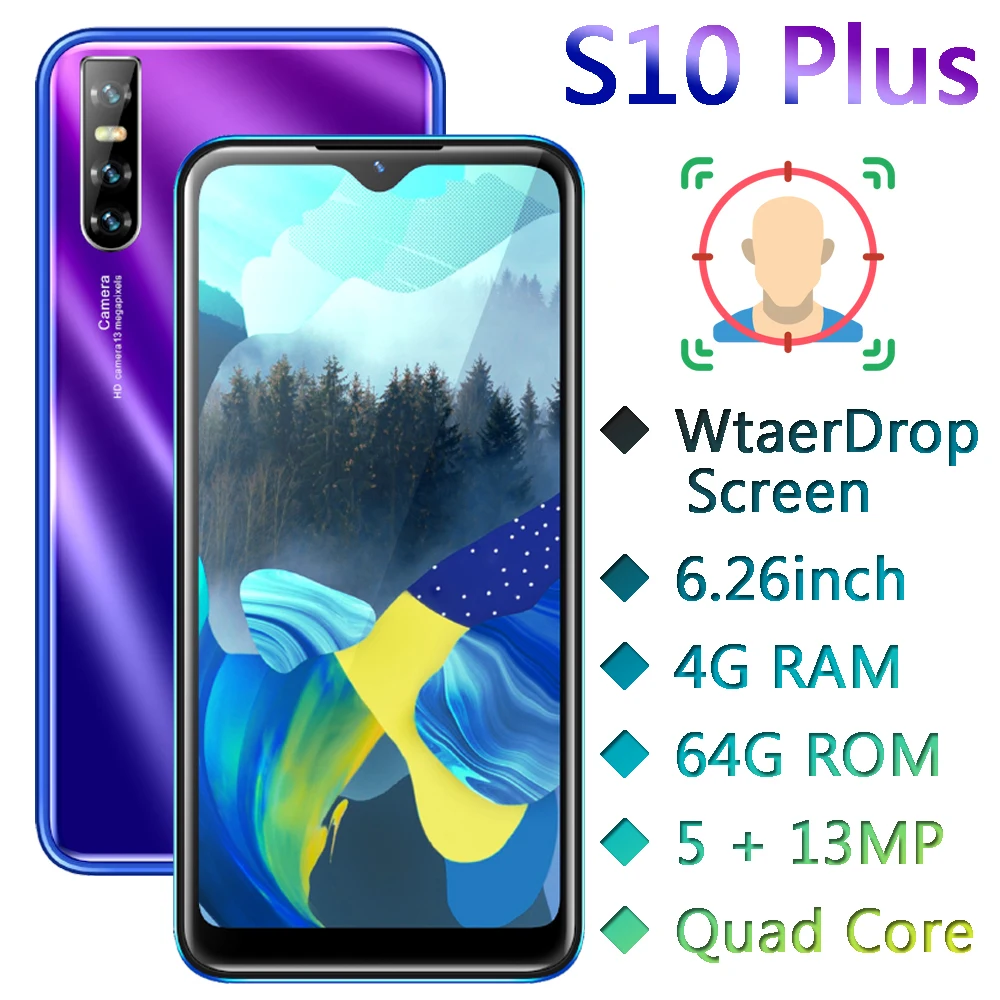 S10 Plus 4 грамма+ 64 гром четырехъядерный смартфон Face ID 6,2" экран капли воды мобильные телефоны 13 МП Celulares Android-телефон