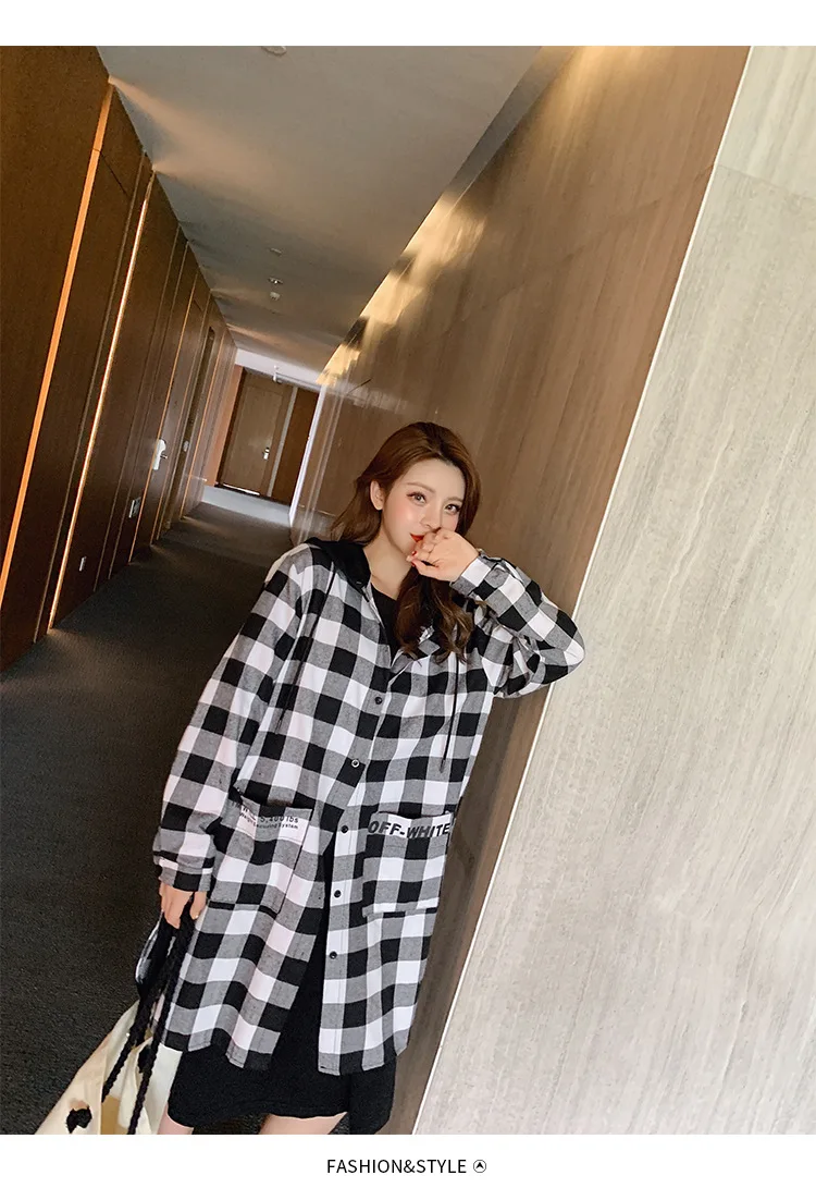 New Style CHIC Korean-Style Loose And Plus-sized Hooded Plaid Single-Breasted Mid-length Students Coat Women's F7415