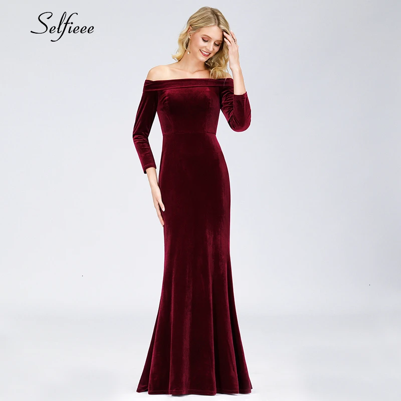 

Elegant Burgundy Maxi Dress Women Mermaid Long Sleeve Off Shoulder Velour Party Dress Ladies Autumn Winter Dress Robe Femme 2019