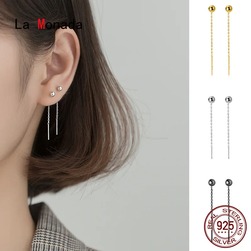 La Monada-pendientes de gota plateados con borla para mujer, joyería fina de Plata de Ley 925 para mujer, aretes colgantes coreanos, cadena