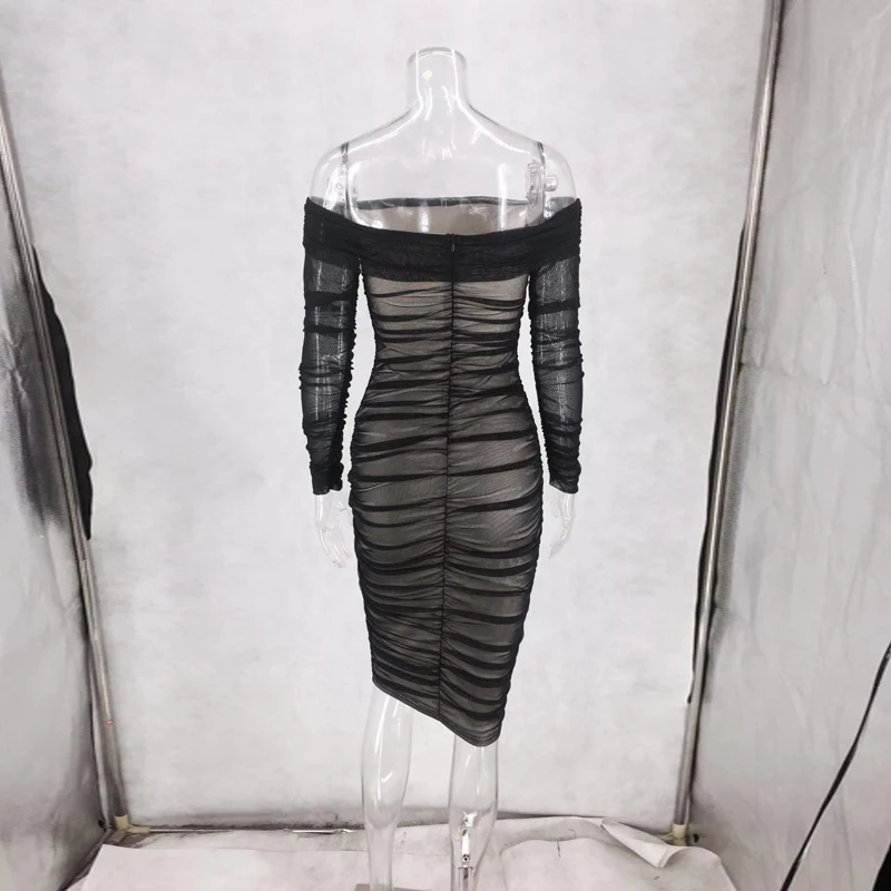 NewAsia/Сексуальные облегающие вечерние платья, женское Сетчатое платье, плиссированное черное платье с вырезом лодочкой и длинным рукавом, с открытыми плечами, карамель, однотонное зимнее платье