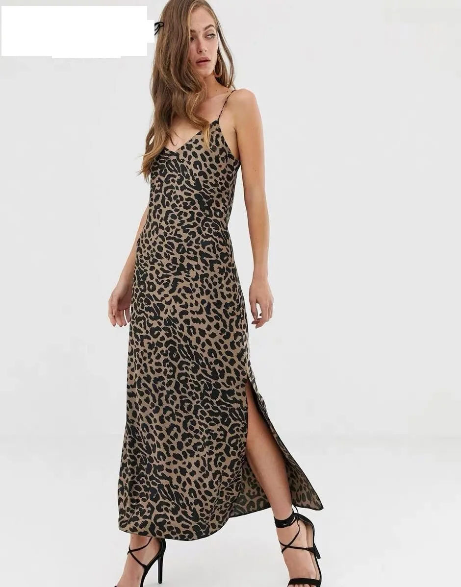 

Summer New Products Retro Leopord Pattern Printed Sleeveless Slim Fit Slimming Slit-Side Long Skirts Women's Base Dress