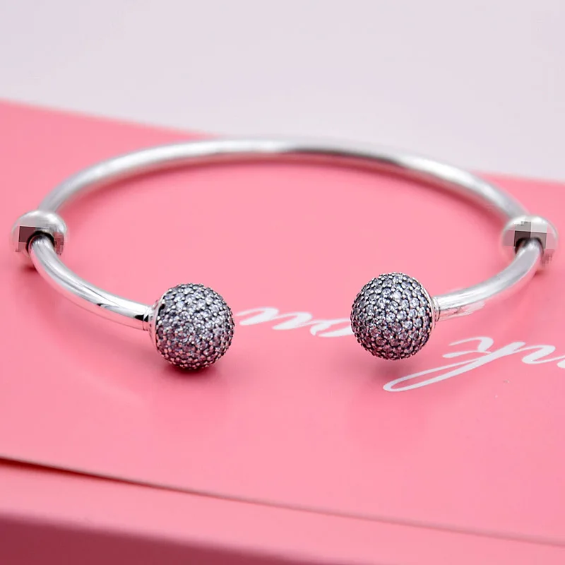 Original MOMENTS Open Bangle Pave Caps WIth Cubic Zirconia Bangle Bracelet Fit Bead Charm 925 Sterling Silver Europe Jewelry