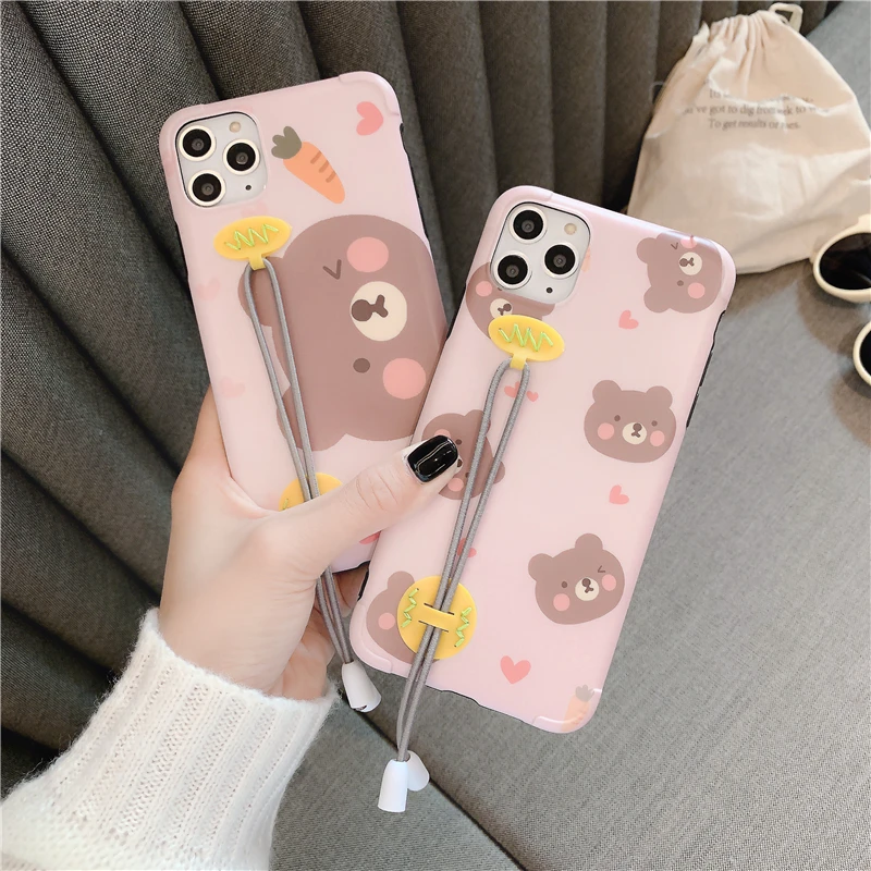 Мультяшный розовый милый чехол для телефона с медведями для iphone 11promax XS Max чехол для iphone X XR 8 7 Plus задняя крышка чехол s с ремешком на запястье