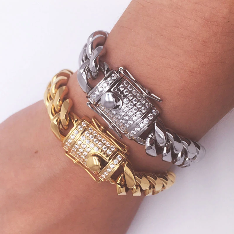 Нержавеющая сталь золотой браслет мужские кубинские звенья цепи на руку браслет серебряные мужские аксессуары браслеты дружбы кнопка