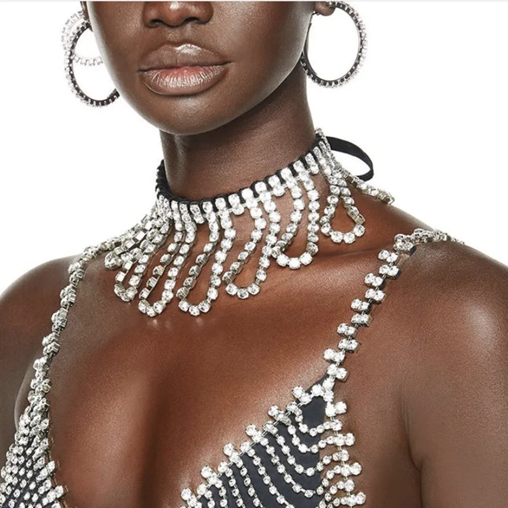 

2020 Newest Bling Full Rhinestone Tassel Choker Necklace Chain for Women Luxury Crystal Wedding Chocker Collar Necklace Jewelry