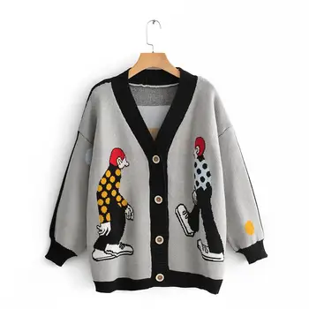 

Women Spring Cute Cartoon V-Neck Knit Cardigan Casual Long Sleeve Buttons Sweater Coat Single Breasted Female Top