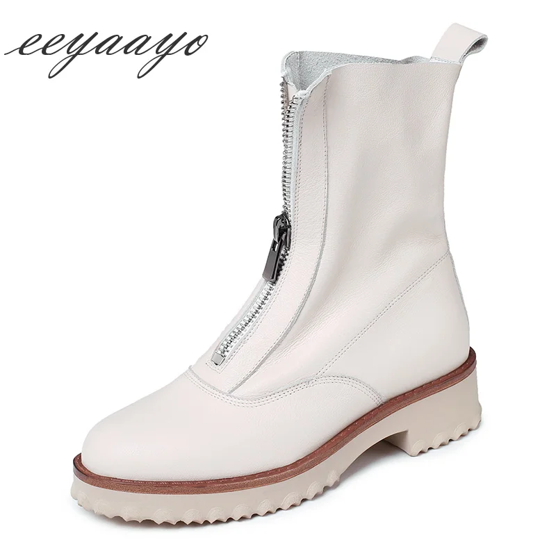 

2019 New Genuine Leather Winter Women Ankle Boots Middle Heel Round Toe Zip Casual Women Cow Leather Shoes Beige Short Boots