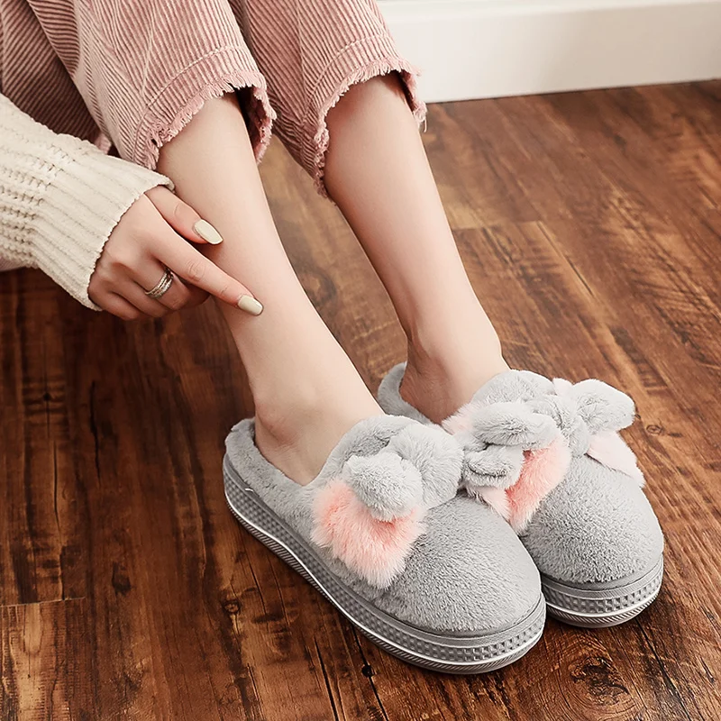 

Hot Sale Women Slippers Warm Plush Home Shoes Cute Bow-knot Wedge Soft Indoor Slippers Comfortable Home Shoes Ladies Slippers