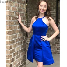 Baijinbai коктейльные платья с лямкой на шее для выпускного вечера, а-силуэт, Королевский синий цвет, вечерние платья, Простые короткие платья без рукавов для выпускного вечера