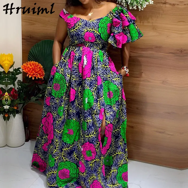 Short Sleeve Off Shoulder Africa Style Print Dress