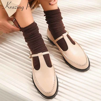 

Krazing pot genuine leather vintage buckle straps solid shoes daily wear round toe low heels campus young lady women pumps L31