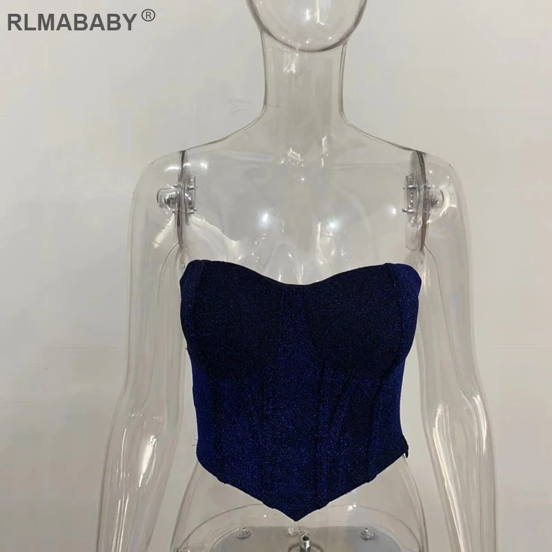Blue Top Rlmaaby, блестящий, без бретелек, сексуальный женский короткий топ с открытой спиной, без рукавов, летний женский короткий топ, Повседневная Уличная одежда, женский топ на бретелях - Цвет: Blue Top