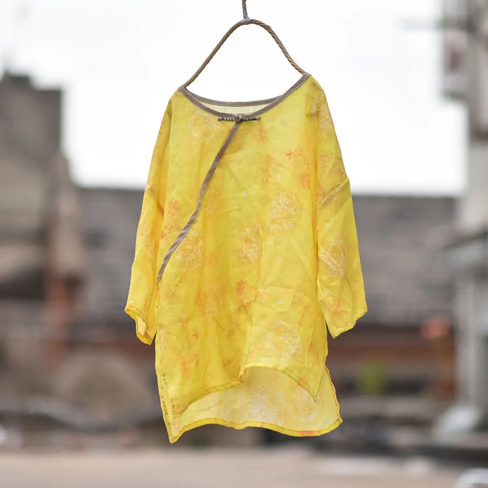 Women Printed Ramie Shirts Tops Ladies Print Ramie Irregular Length Blouse Female 2020 Summer Shirt 3