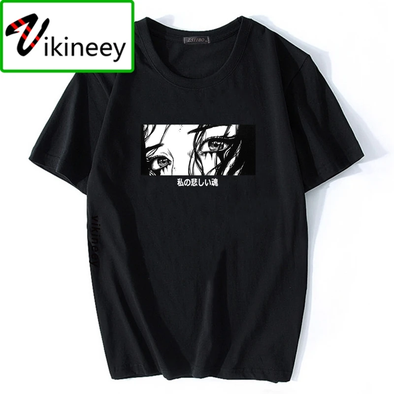 Mens Fashion Sad Girl Harajuku Estetica Anime T-Shirt Stile Giapponese Paura Del Buio Top My Sad Soul Cartoon Print Tshirt