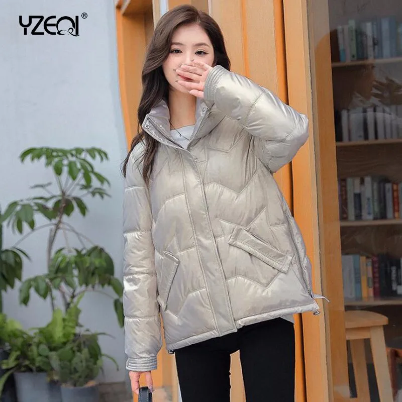

Yzeqi Winter Jacket Thick Stand Collar Warm Short Parka Women Loose Bright Color Waterproof Coat Female Cotton Padded Outwear