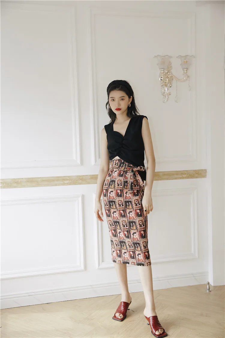 CHEERART Vintage Chiffon Skirts Womens Print High Waist Beach Wrap Skirt Lace Up Ladies Bohemian Skirt Straight Knee Length