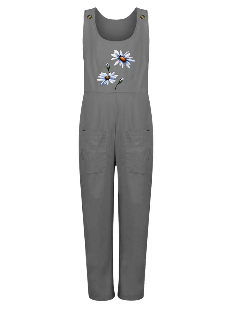 Womens Dungarees Print Rompers 2021 Summer New Ladies Casual Loose Linen Cotton Jumpsuit Sleeveless Pocket Overalls Playsuit