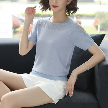

Fashion 2020 new summer ladies round neck hollow knitted short-sleeved shirt
