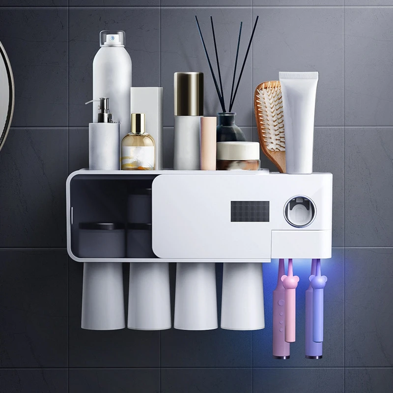 

Wall Mount ligent Toothbrush Disinfector Free Punch Ultraviolet Toothbrush Holder Cups Hanging Rack Bathroom Shelf