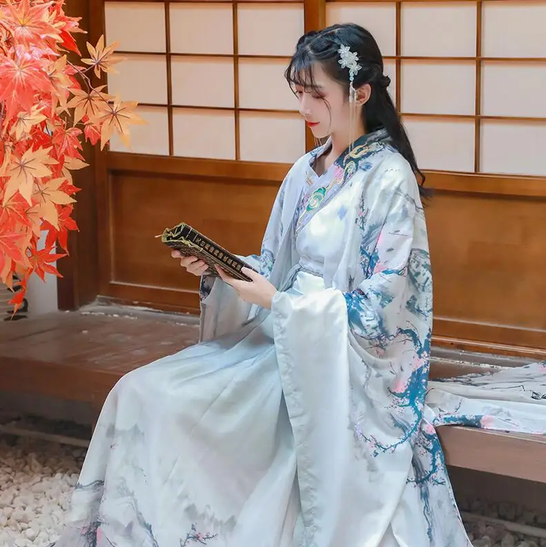 Строгий Повседневный праздничный костюм Hanfu Qin Tang с принтом пейзажа, пальто с большим рукавом и вышивкой+ куртка+ юбка, Женский сценический костюм