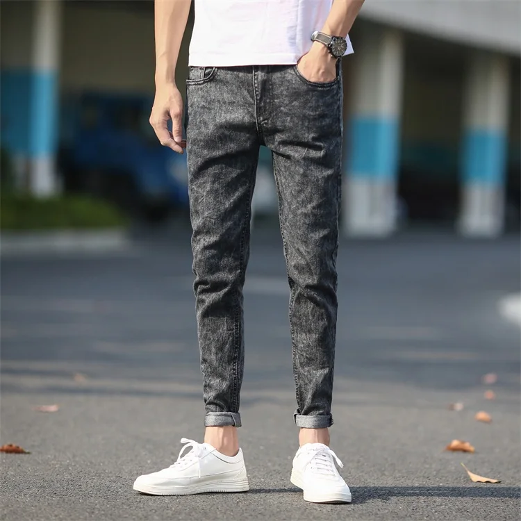 Pantalones vaqueros ajustados hombre, Jeans largos rasgados, color gris, nueva moda - Ropa de hombre