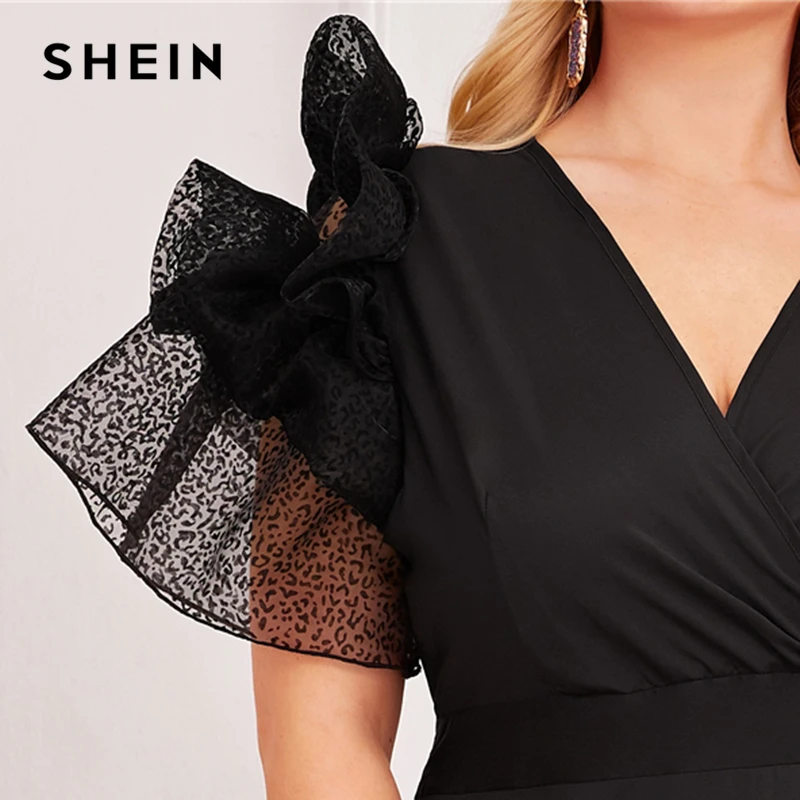 SHEIN плюс Размеры черный V образным вырезом преувеличенный рюшами свободного покроя расклешенное вечерние платье Для женщин осень короткий рукав Женская линия Макси платья