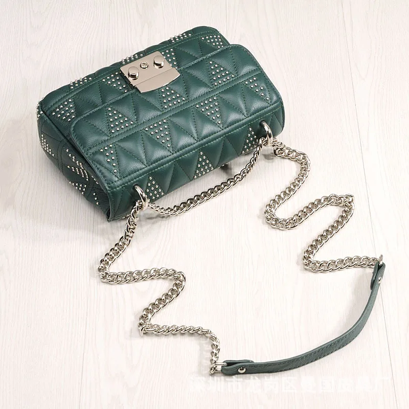 High Quality Women Leather Handbag New Top Layer Leather Rhombic Chain Crossbody Bag Female Rivet Shoulder Messenger Bag