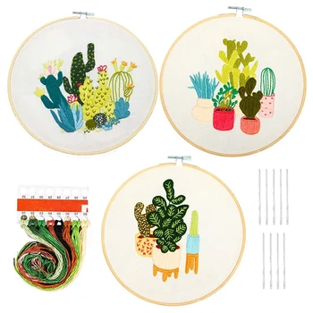 

3 Sets Embroidery Starter Cross Stitch Kit with Cactus Pattern, Bamboo Embroidery Hoops, Color Threads and Tools Kit