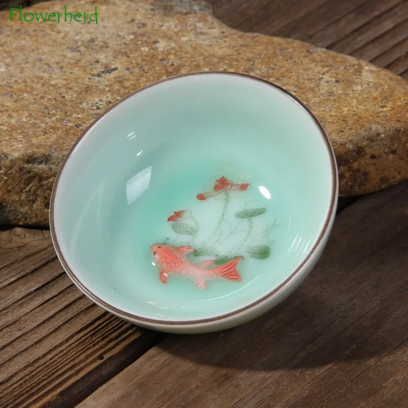 Celadon Small Carp Tea Cup Teaware Ceramic Porcelain Hand-painted Lotus Ceramic Kung Fu Tea Set Tea Cup