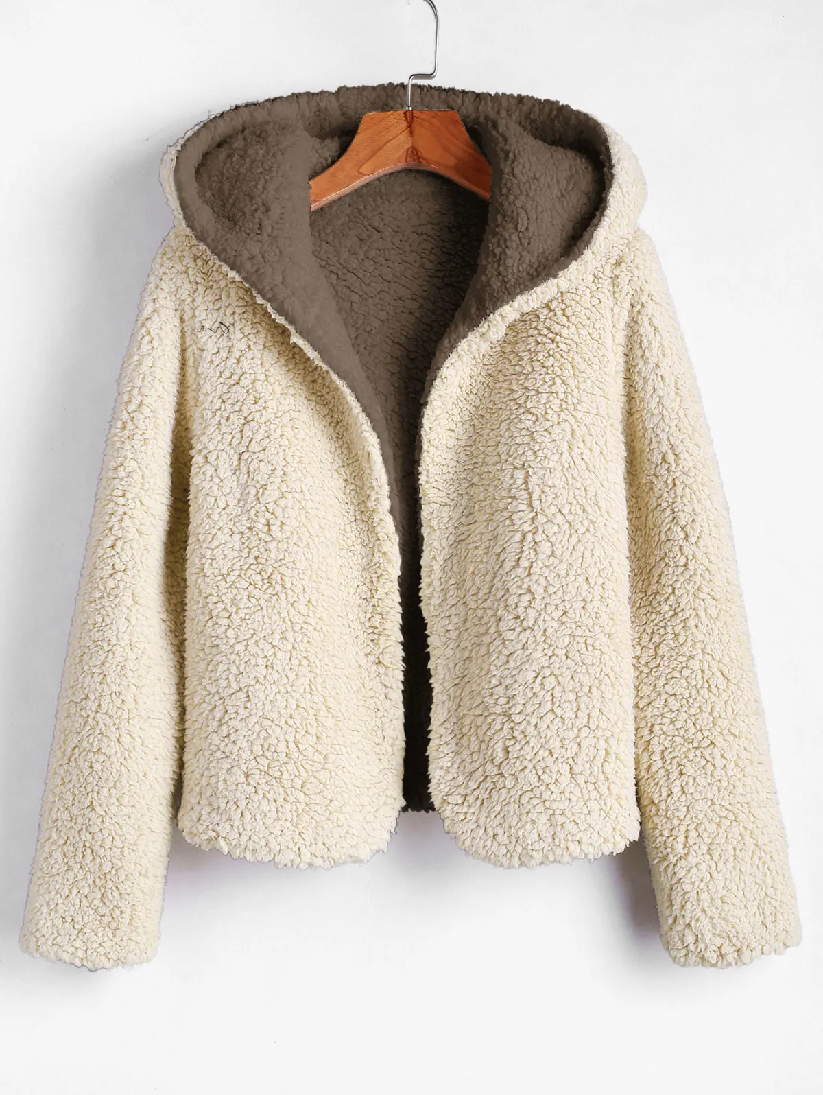 ZAFUL Winter Hooded Open Front Reversible Teddy Coat For Young Women Long Sleeve Wide-Waisted Soloid Color Two Sides Wear Tops