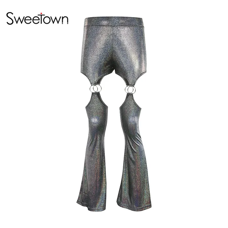 Sweetown, Серебряный Блестящий Панк, готический, вечерние, топ, Рейв, футболка, с вырезами, короткий рукав, укороченный топ, металлическое кольцо, уличная Футболка, женская - Цвет: pants