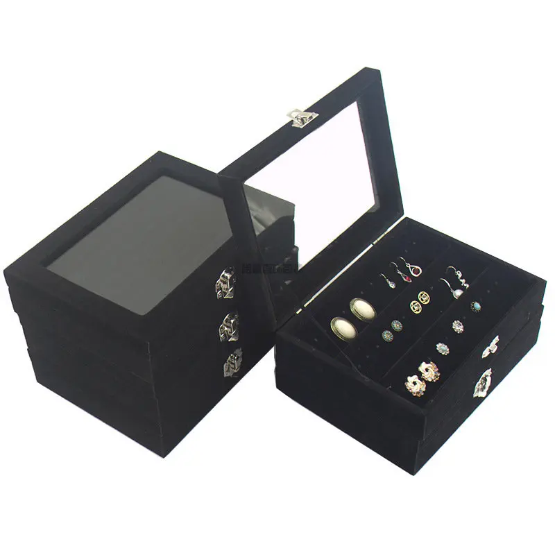 

small Velvet black Carrying Case with Glass Cover Jewelry Ring Display Box Tray Holder Storage Box Organizer Earrings Ring Brace
